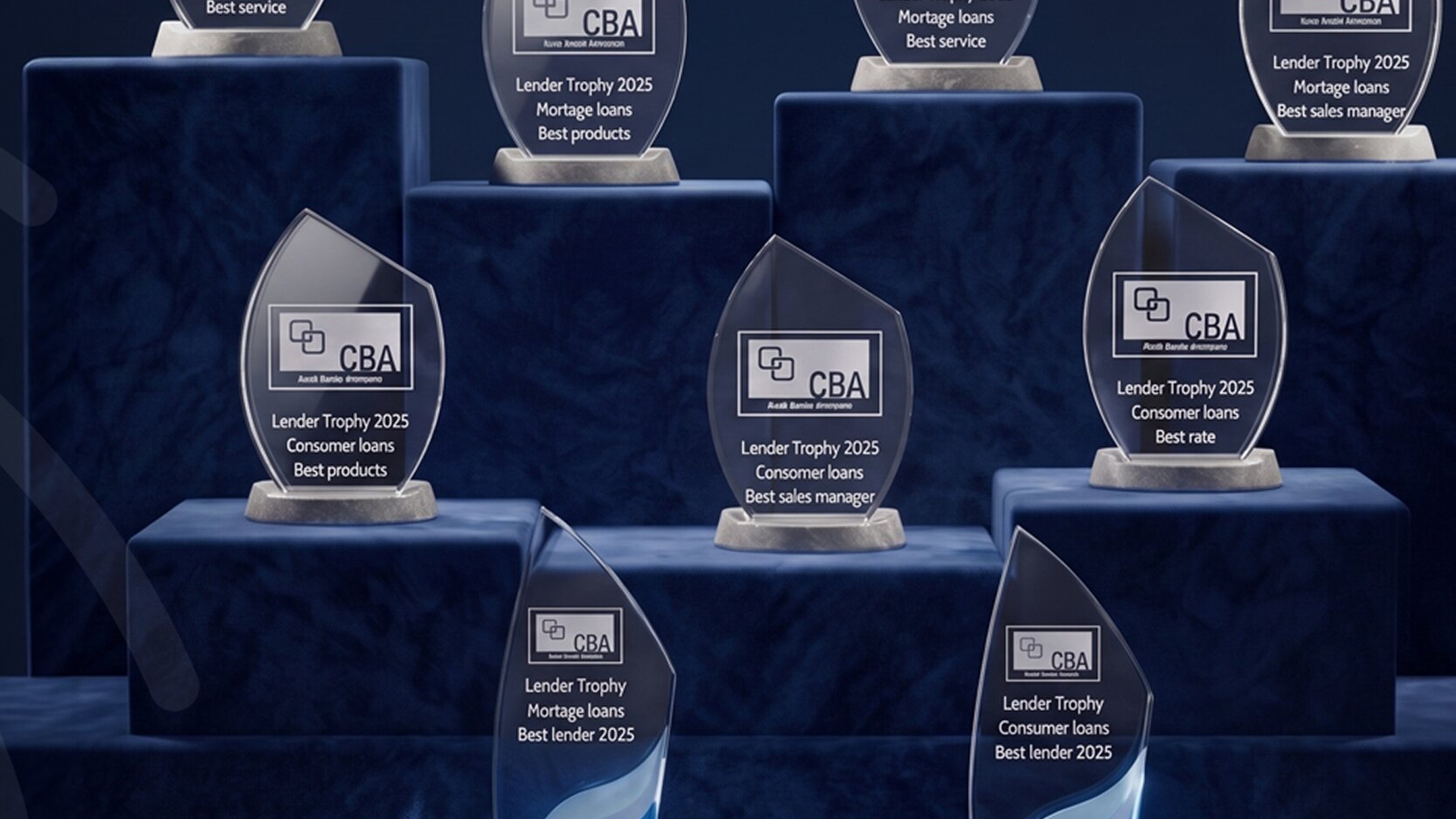 Negen glazen awards van het CBA Event op een verlicht podium.