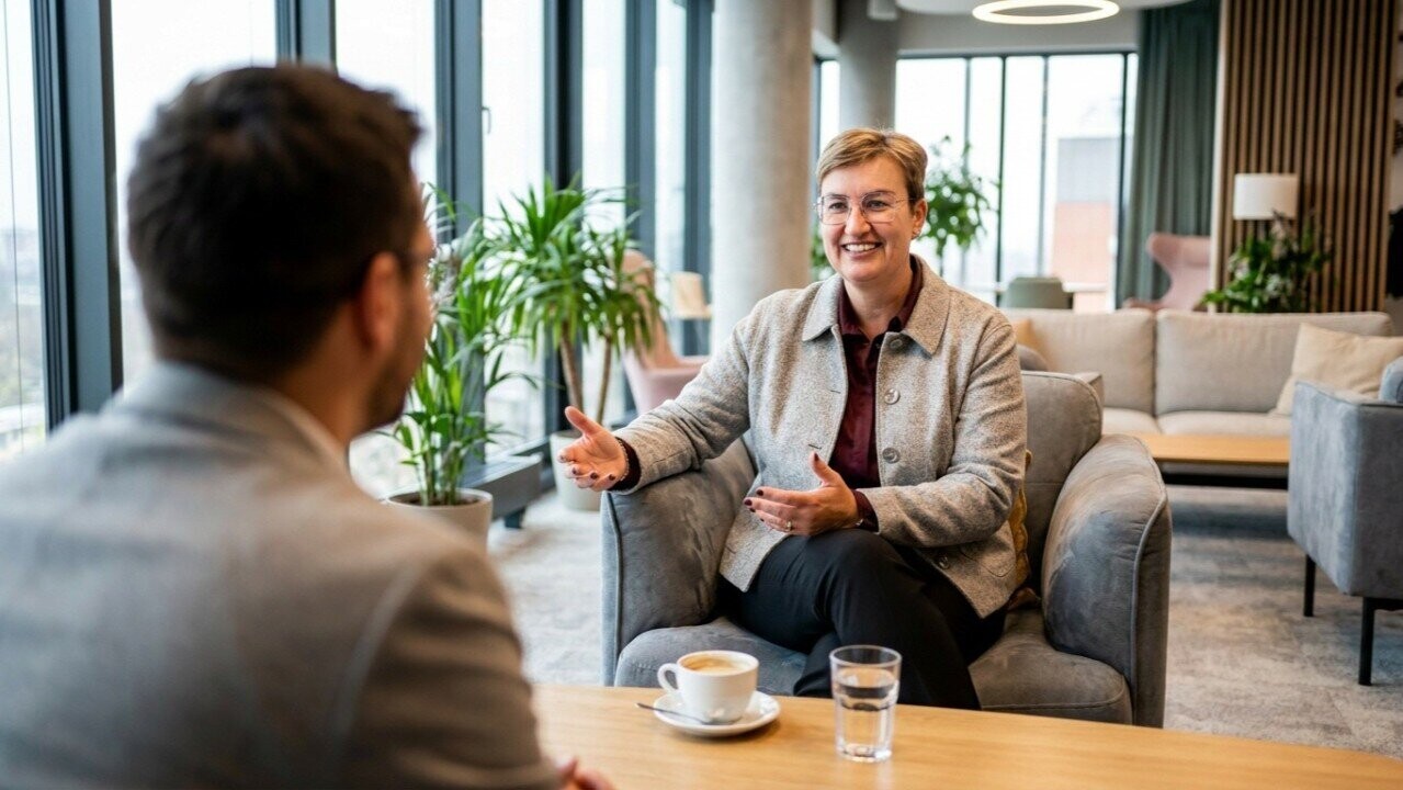 Twee collega's zitten in gesprek in een zithoek op kantoor.